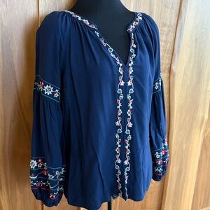Velvet by Graham & Spencer Dark Blue Blouse with Colorful Embroidery